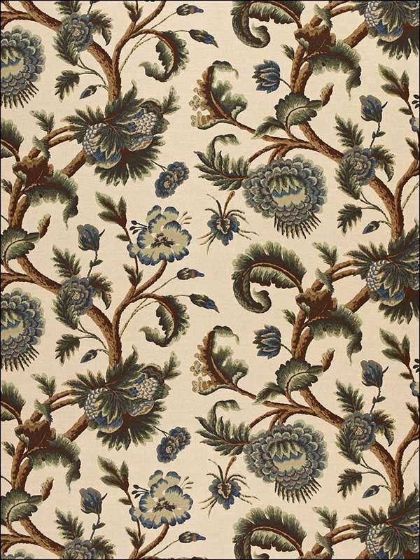 Jacobean Printed Crewel Multi Blues Wood Tones Fabric 2639314 by Schumacher Fabrics for sale at Wallpapers To Go