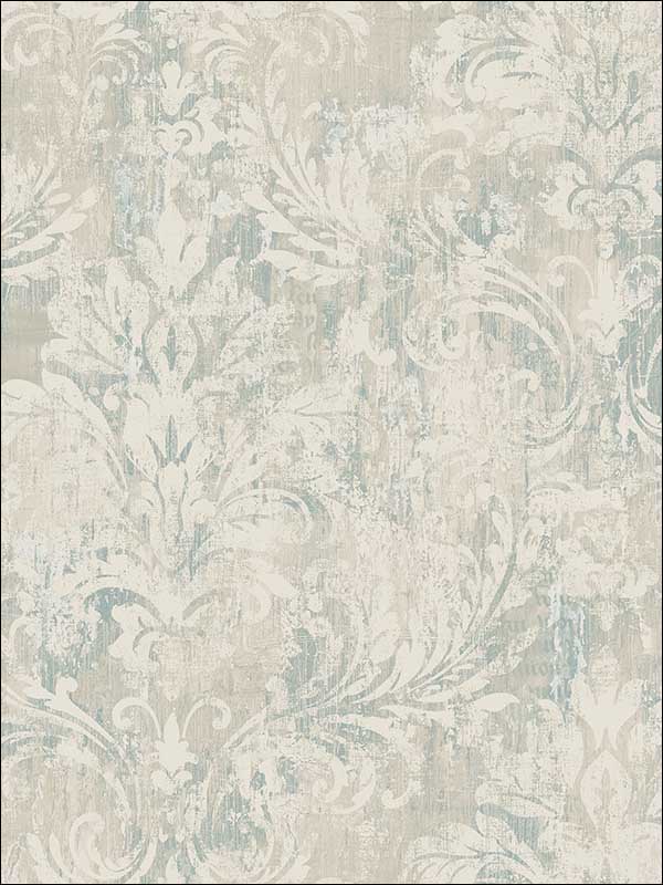 Distressed Damask Vintage Blue Wallpaper VF30502 by Wallquest Wallpaper for sale at Wallpapers To Go