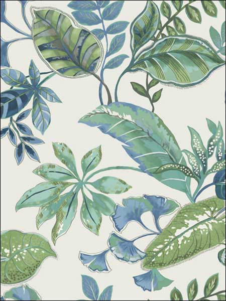 Tropical Leaf Blues and Leaf Greens on White Wallpaper JB21904 by Wallquest Wallpaper for sale at Wallpapers To Go