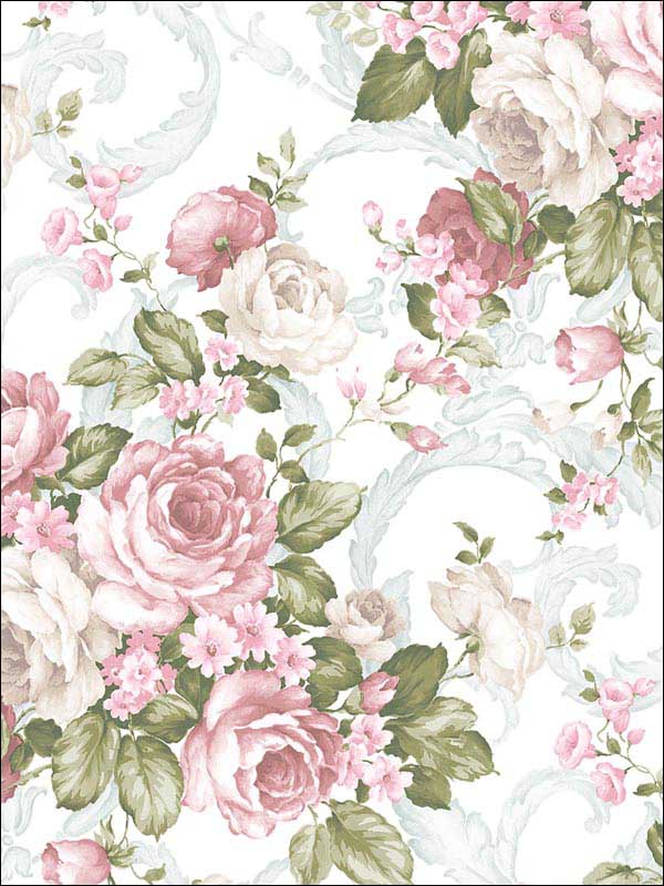Grand Floral Dk Pink Lt Pink Green Lt Turquoise Wallpaper CH22531 by Patton Norwall Wallpaper for sale at Wallpapers To Go