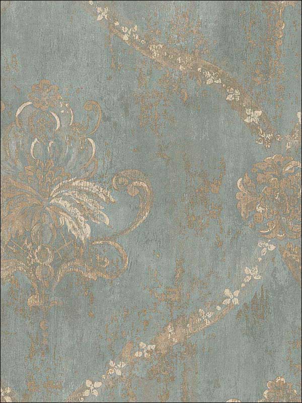 Wallpaper Gold Regal Damask on Aqua Textured Background by The Wallpaper and Border Store 