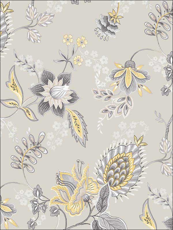 Jacobean Floral Grey Yellow Grey Wallpaper GC29829 by Patton Norwall Wallpaper for sale at Wallpapers To Go
