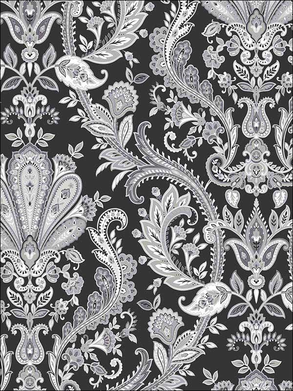 Jacobean Paisley Black Grey Metallic Silver Wallpaper MD29430 by Patton Norwall Wallpaper for sale at Wallpapers To Go