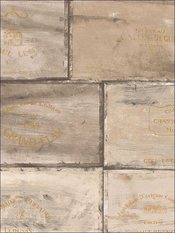 Wine Crates Brown Beige Metallic Gold Wallpaper CK36614 by Patton Norwall Wallpaper for sale at Wallpapers To Go