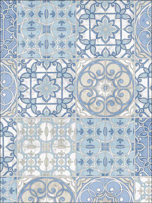Portugese Tiles Blue Cream Wallpaper KE29950 by Patton Norwall Wallpaper for sale at Wallpapers To Go