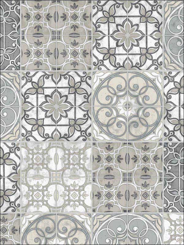 Portugese Tiles Grey Black Beige Wallpaper KE29951 by Patton Norwall Wallpaper for sale at Wallpapers To Go