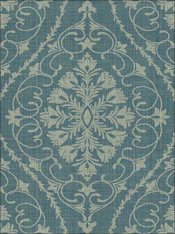 Ogee Scroll Damask Blue and Tan Wallpaper 1620902 by Seabrook Wallpaper for sale at Wallpapers To Go