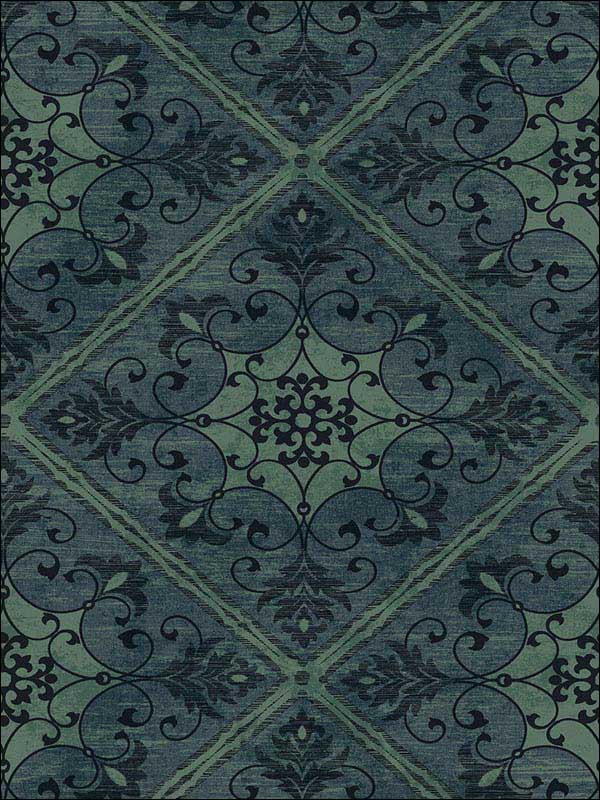 Leaf Scroll Blue Green Black Raised Ink Wallpaper 1730004 by Seabrook Wallpaper for sale at Wallpapers To Go