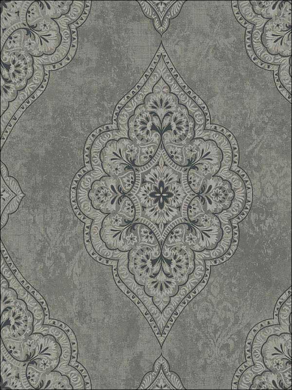 Medallion Gray Black Metallic Silver Raised Ink Wallpaper 1730200 by Seabrook Wallpaper for sale at Wallpapers To Go