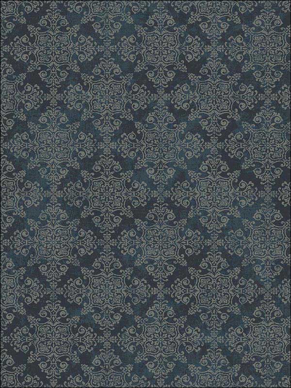 Damask Blue Black Metallic Silver Wallpaper 1731004 by Seabrook Wallpaper for sale at Wallpapers To Go