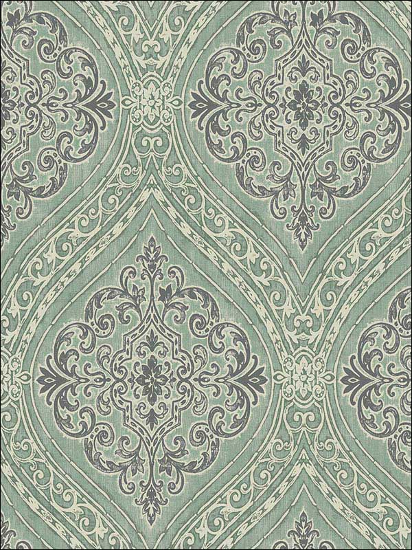 Damask Green Off White Metallic Silver Raised Ink Wallpaper 1731304 by Seabrook Wallpaper for sale at Wallpapers To Go