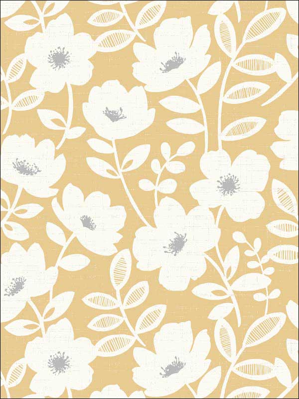 Bergman Mustard Scandi Flower Wallpaper UW24774 by Brewster Wallpaper for sale at Wallpapers To Go
