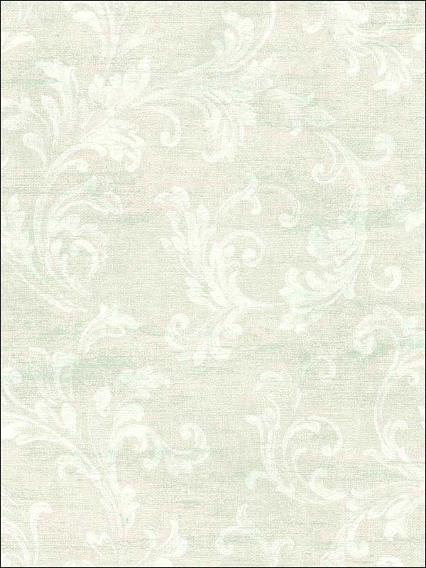 Neoclassic Scroll White Soft Green Wallpaper RM51802 by Casa Mia Wallpaper for sale at Wallpapers To Go