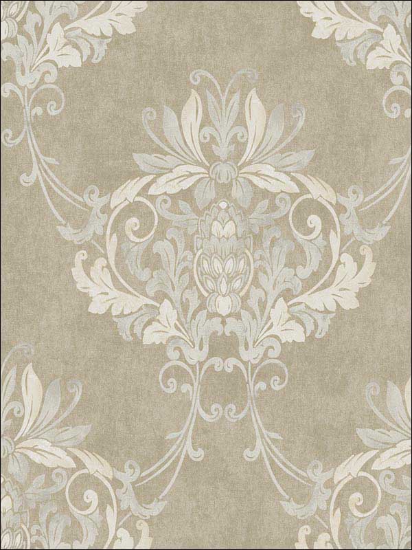 Faux Antique Damask Beige White Grey Wallpaper RM30007 by Casa Mia Wallpaper for sale at Wallpapers To Go