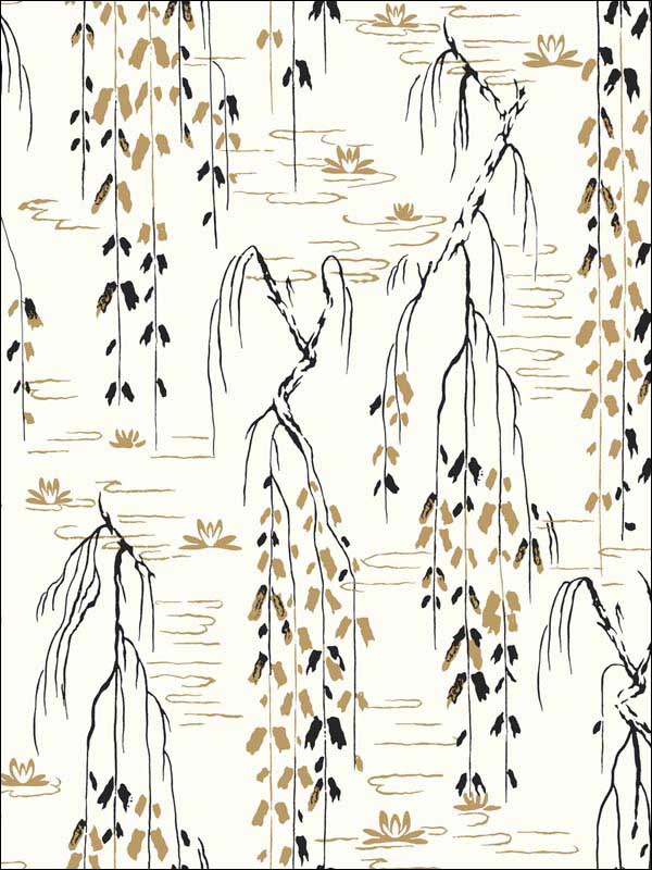 Willow Branches White Black Gold Wallpaper AF6581 by Ronald Redding Wallpaper for sale at Wallpapers To Go