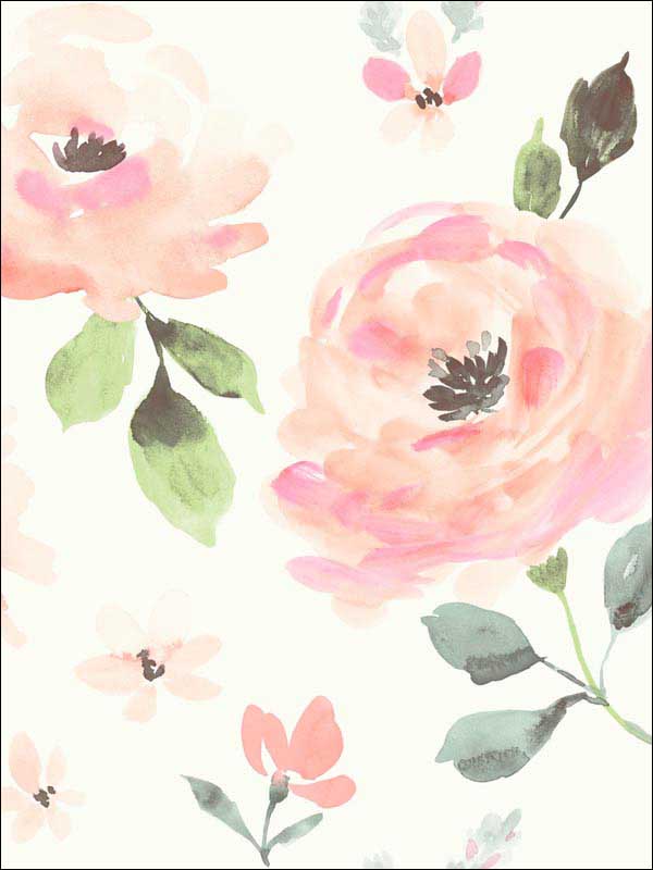 Watercolor Blooms Coral Peel and Stick Wallpaper PSW1073RL by York Wallpaper for sale at Wallpapers To Go