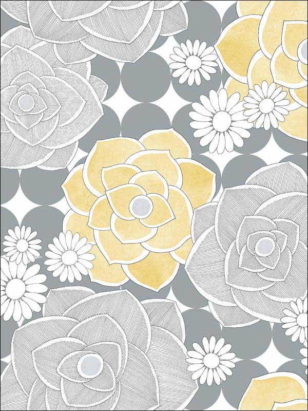 Retro Floral Yellow and Gray Wallpaper NW35203 by NextWall Wallpaper for sale at Wallpapers To Go