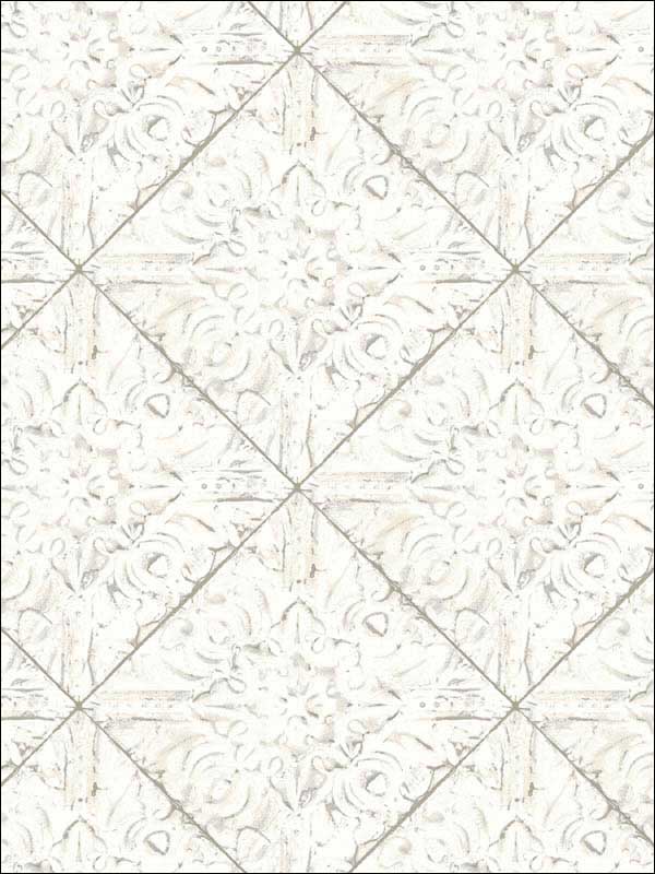 Brandi White Metallic Faux Tile Wallpaper 311913091 by Chesapeake Wallpaper for sale at Wallpapers To Go