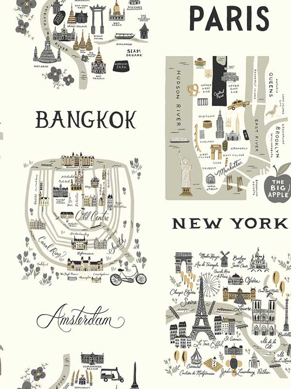City Maps Gray Gold Wallpaper RI5161 by Rifle Paper Co Wallpaper for sale at Wallpapers To Go
