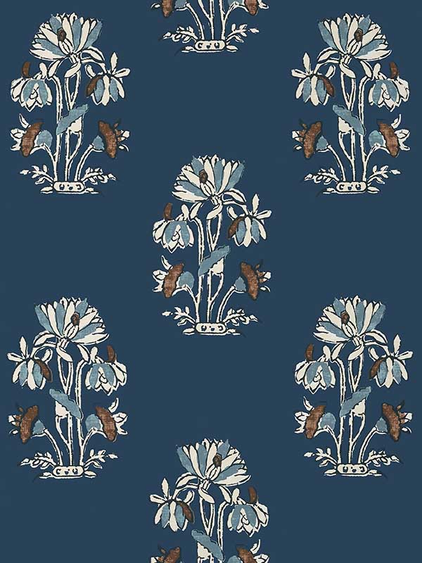 Lily Flower Navy Wallpaper T13203 by Thibaut Wallpaper for sale at Wallpapers To Go