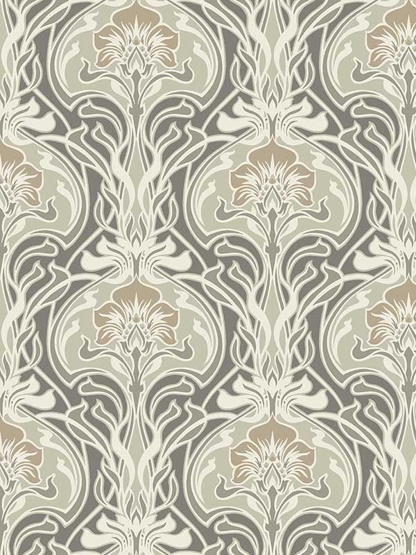 Mucha Dark Grey Botanical Ogee Wallpaper 297026150 by A Street Prints Wallpaper for sale at Wallpapers To Go