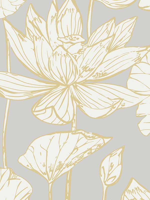 Water Lily Floral Metallic Gold and Grey Wallpaper ET10906 by Seabrook Wallpaper for sale at Wallpapers To Go