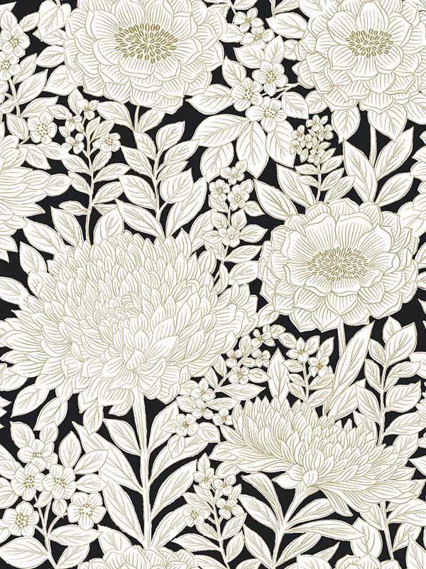Wood Block Blooms Black Gold Wallpaper BW3923 by York Wallpaper for sale at Wallpapers To Go