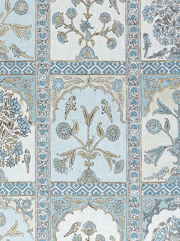 Indian Panel Spa Blue Fabric F910633 by Thibaut Fabrics for sale at Wallpapers To Go