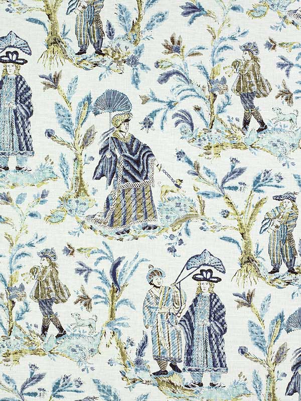 Royale Toile Turquoise and Navy Fabric F972574 by Thibaut Fabrics for sale at Wallpapers To Go