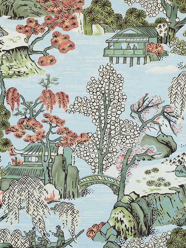 Asian Scenic Robins Egg Fabric F975460 by Thibaut Fabrics for sale at Wallpapers To Go