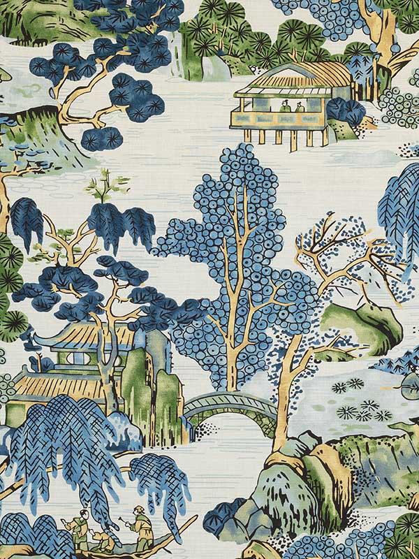 Asian Scenic Blue and Green Fabric F975462 by Thibaut Fabrics for sale at Wallpapers To Go