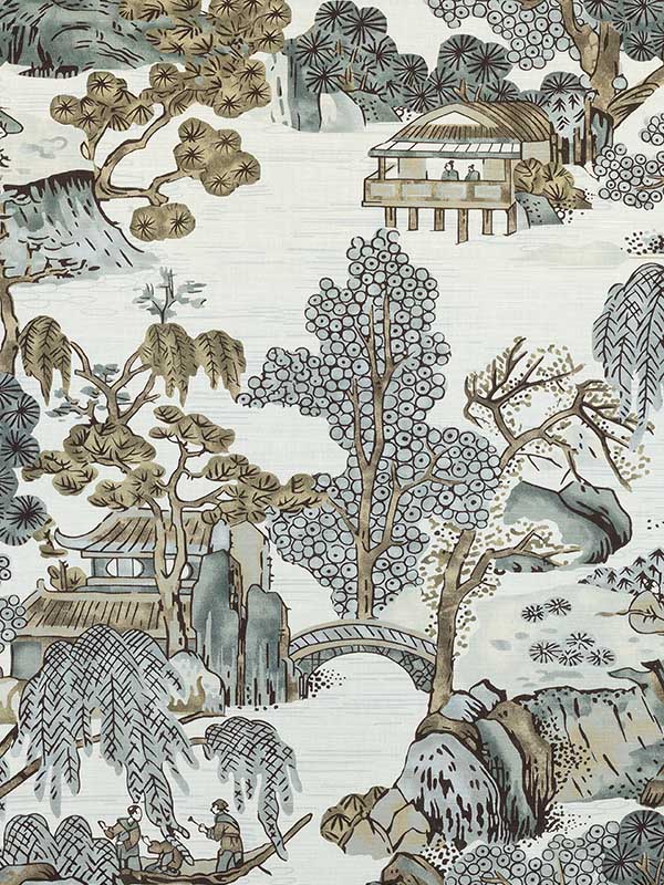 Asian Scenic Grey Fabric F975463 by Thibaut Fabrics for sale at Wallpapers To Go