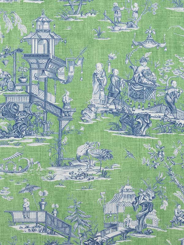 Cheng Toile Green and Blue Fabric F975467 by Thibaut Fabrics for sale at Wallpapers To Go