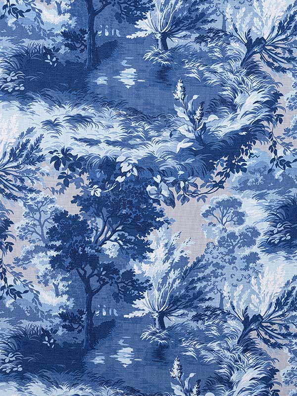 Lincoln Toile Blue and Flax Fabric F910864 by Thibaut Fabrics for sale at Wallpapers To Go