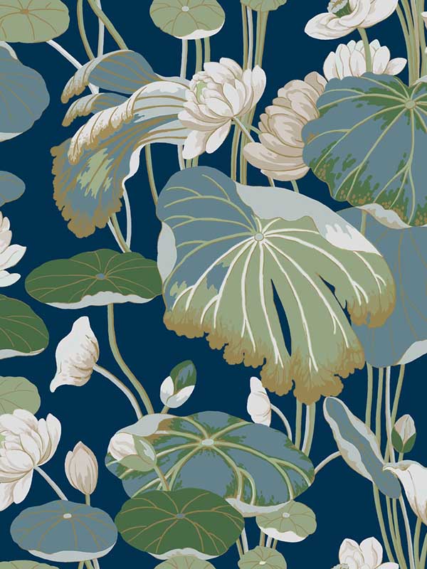 Lotus Pond Indigo Gold Wallpaper GO8295 by York Wallpaper for sale at Wallpapers To Go