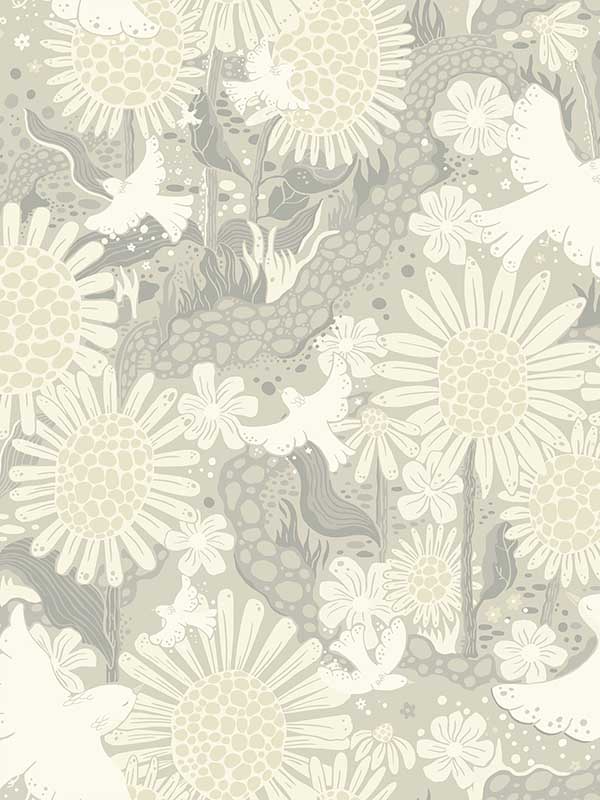 Dromma Light Grey Songbirds and Sunflowers Wallpaper 411163011 by A Street Prints Wallpaper for sale at Wallpapers To Go