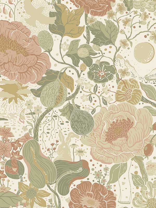 Vaxa Green Rabbits and Rosehips Wallpaper 411163012 by A Street Prints Wallpaper for sale at Wallpapers To Go