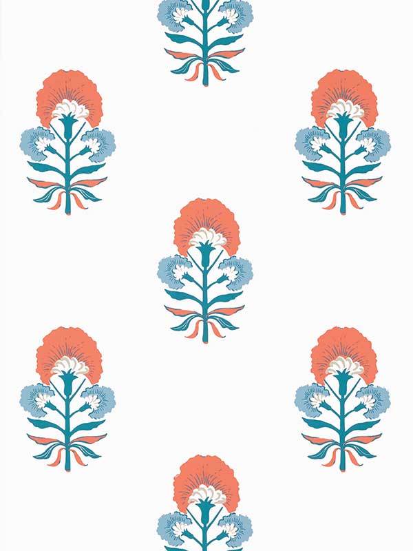 Tybee Bud French Blue and Coral Wallpaper WTG-250762 by Thibaut Wallpaper for sale at Wallpapers To Go