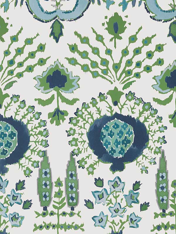Mendoza Suzani Blue and Green on White Wallpaper WTG-250775 by Thibaut Wallpaper for sale at Wallpapers To Go