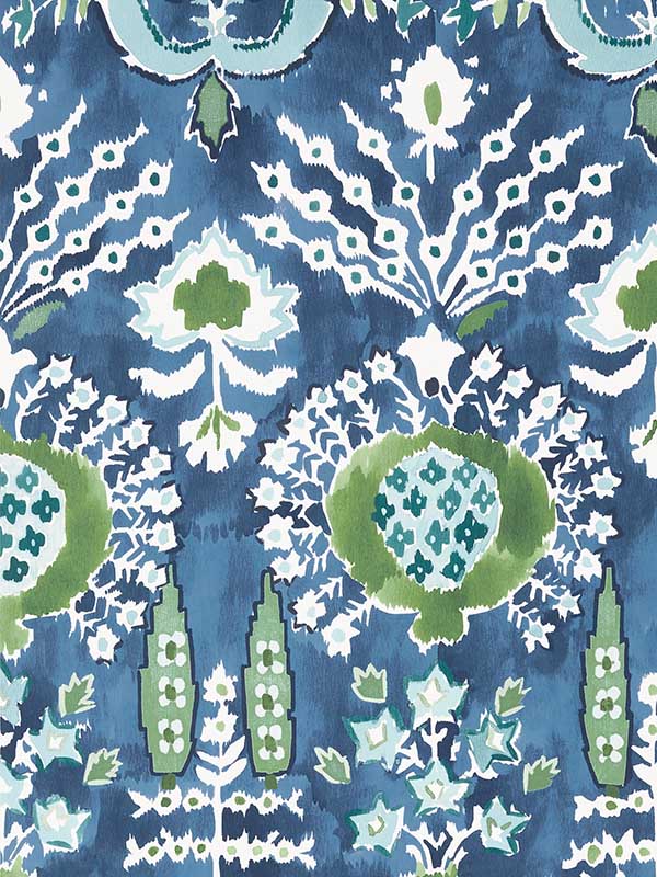 Mendoza Suzani Blue and Green on Navy Wallpaper WTG-250776 by Thibaut Wallpaper for sale at Wallpapers To Go