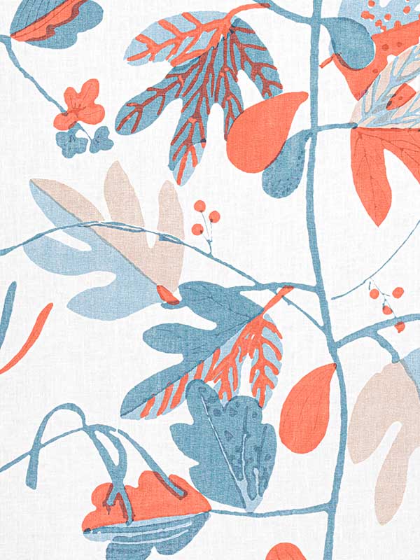 Matisse Leaf French Blue and Coral Fabric WTG-253752 by Thibaut Fabrics for sale at Wallpapers To Go